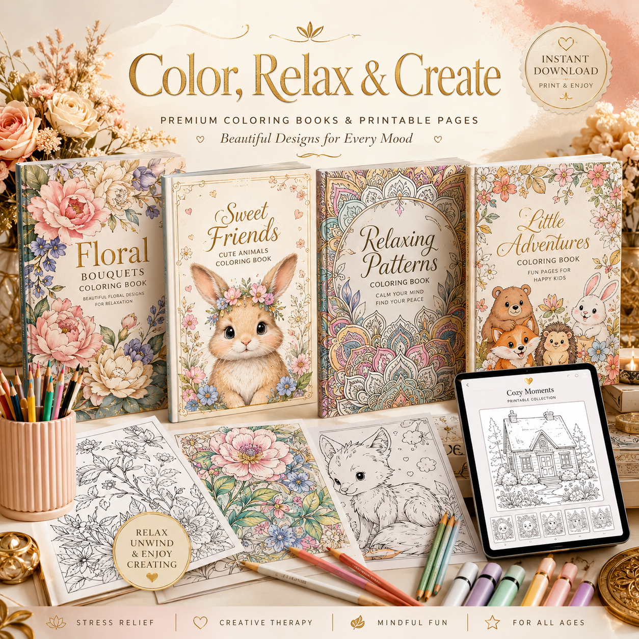 Detailed coloring pages with premium colored pencils