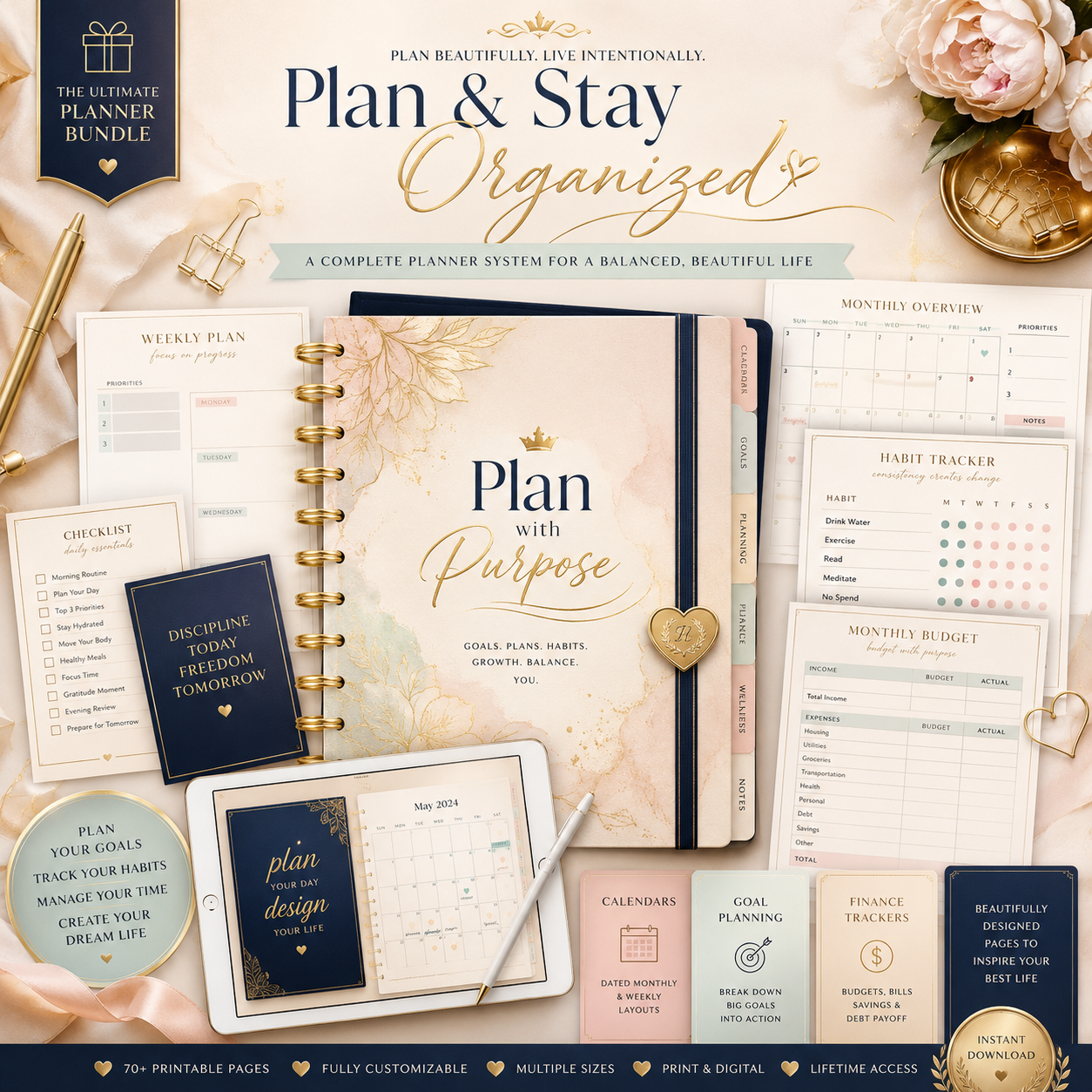 Digital planner displayed with printable planning sheets
