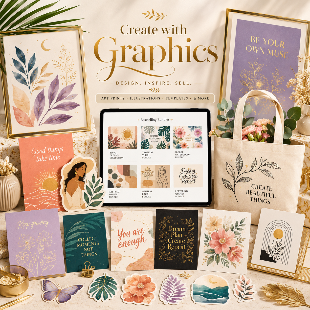 Tablet with a refined digital graphic design composition